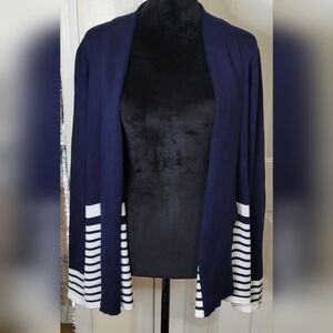 Roz & Ali Womens Navy White Open Front Striped Cardigan Sweater Knit Size Large
